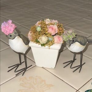 Set of Two Floral-Accent metal and ceramic Bird Figurines w/ flower pot